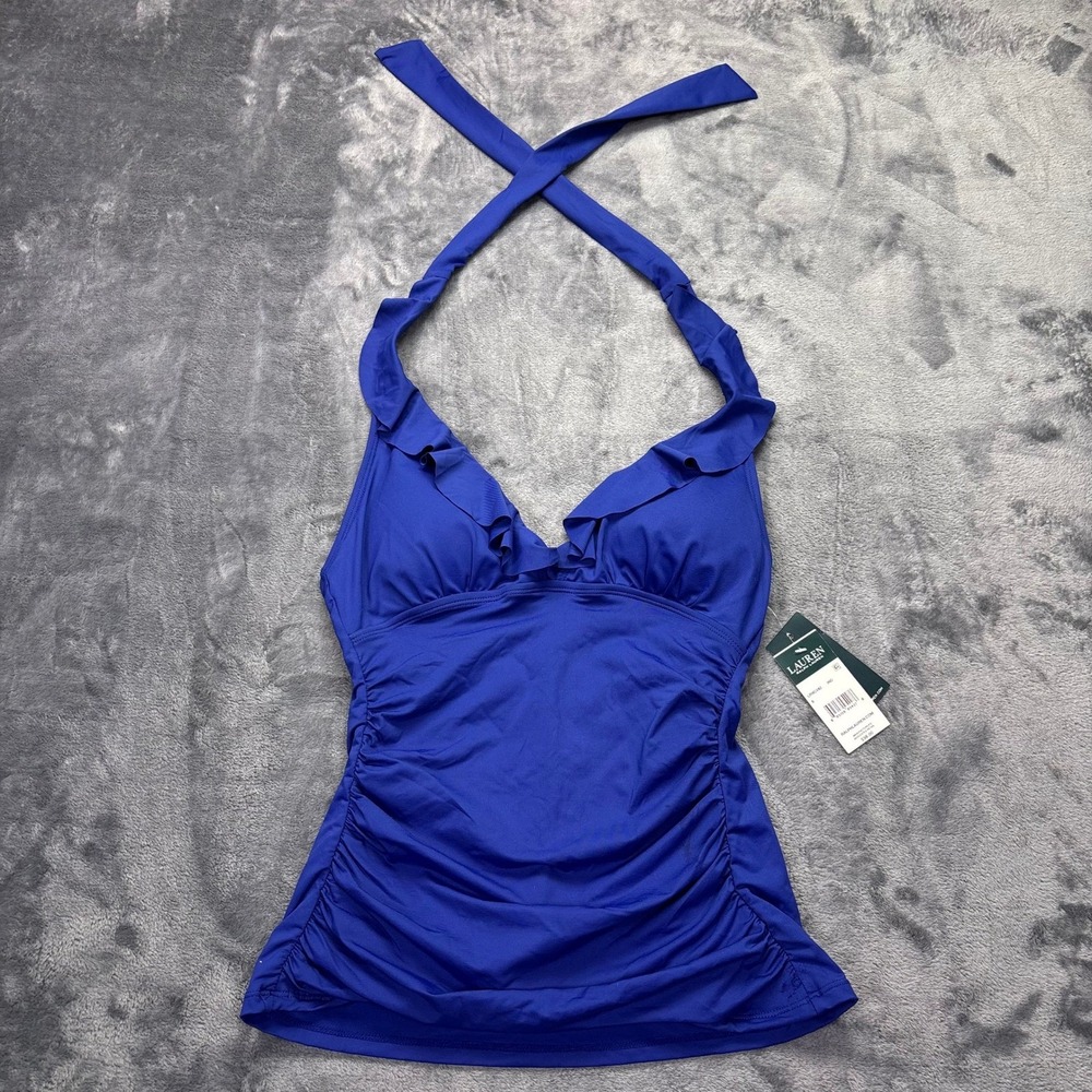 Lauren Ralph Lauren Swim Top Womens Size S Blue Halter Tankini Ruffle NWT